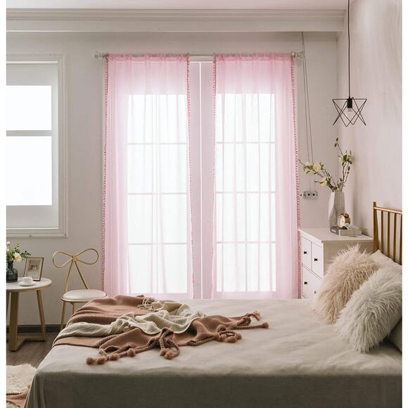 Sheer Curtains with Pom pom Linen Curtains Set of 2 Curtain Panels 54 X 53, Pink - Picture 5 of 12